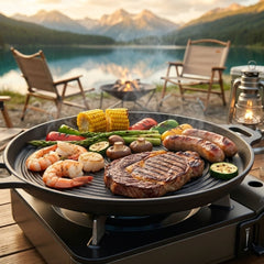 Wildtrak Pre-Seasoned Round Ribbed Cast Iron BBQ Plate with Handles 34cm