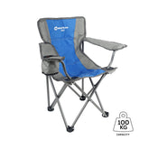 KIDS Camp Chair, Blue/Grey Foldable, Easy Clean Fabric, Drink Holder, Weight Rated 100kg, Carry Bag with Shoulder Strap