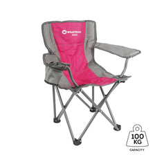 WILDTRAK™ KIDS Pink/Grey Foldable Camp Chair, Easy Clean Fabric, Drink Holder, Locking Device to Secure Legs into Place, Weight Rated 100kg, Carry Bag with Shoulder Strap