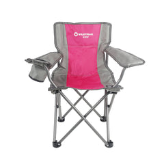 WILDTRAK™ KIDS Pink/Grey Foldable Camp Chair, Easy Clean Fabric, Drink Holder, Locking Device to Secure Legs into Place, Weight Rated 100kg, Carry Bag with Shoulder Strap