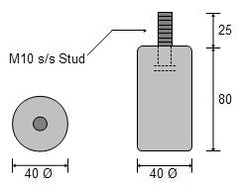 CDZ6C-75LB Zinc Condenser Anode 75mm Ø x 32mm high, with 5/16 UNC s/s bolt protruding 50mm one end.