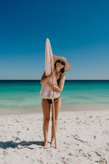 Good Vibes™ 1.75m Premium 100% Canvas Beach Umbrella, UV50+, Wood Pole, Cotton Tassels, Tilting Mechanism, Sand Screw - Terracotta Blush