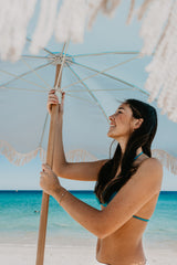 Peacock Paradise 1.75m Premium 100% Canvas Beach Umbrella, UV50+, Wood Pole, Cotton Tassels, Tilting Mechanism, Sand Screw