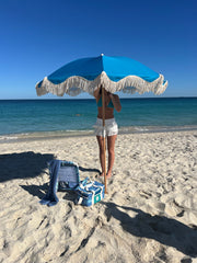 Peacock Paradise 1.75m Premium 100% Canvas Beach Umbrella, UV50+, Wood Pole, Cotton Tassels, Tilting Mechanism, Sand Screw