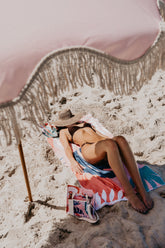 Good Vibes™ 1.75m Premium 100% Canvas Beach Umbrella, UV50+, Wood Pole, Cotton Tassels, Tilting Mechanism, Sand Screw - Terracotta Blush