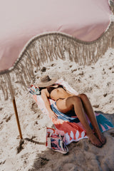 Good Vibes™ 1.75m Premium 100% Canvas Beach Umbrella, UV50+, Wood Pole, Cotton Tassels, Tilting Mechanism, Sand Screw - Terracotta Blush