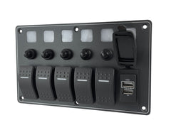 Switch Panel Alum. 5 Gang w/USB Charger