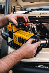 160LPM Flow Rate Air Compressor, 12V DC Power, Max Pressure 150 PSI, 2.4m Fused Leads with Battery Clamps, 3 Accessory Adaptors, 60mm cylinder, 8m Rubber Hose and Carry Bag