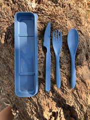 Wheat Straw Cutlery Set in Case - Beige or Blue