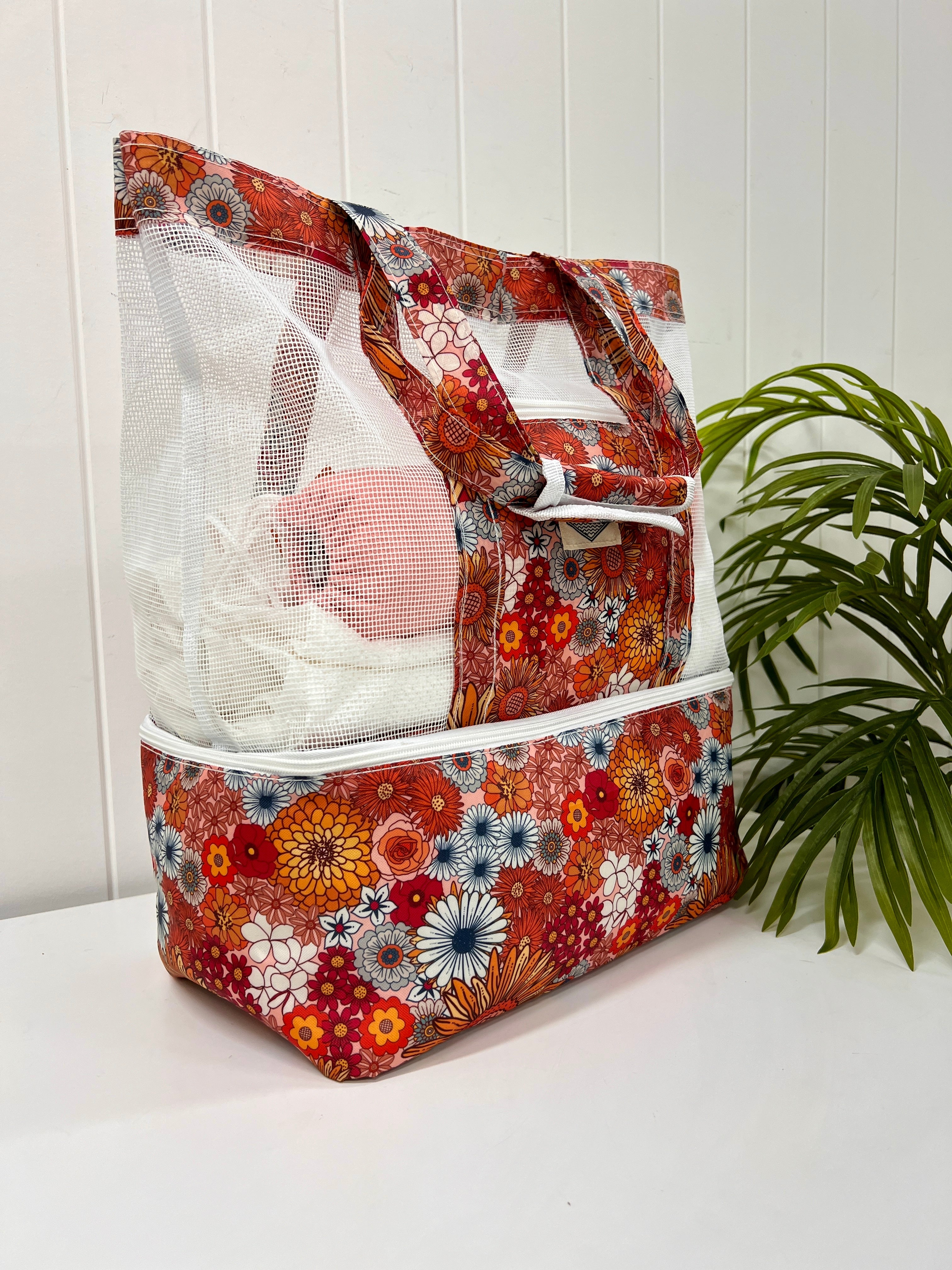 Good Vibes™ 2 in 1 Insulated Beach Cooler Bag, 2 Compartments, Mesh Top, Zipped Pocket - Havana