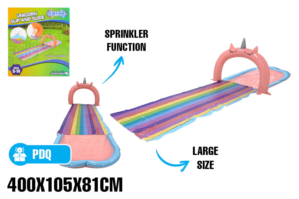 AirTime™ Unicorn Slip and Slide Water Game 4m, Sprays Water, Connects to Hose Ages5-14yrs