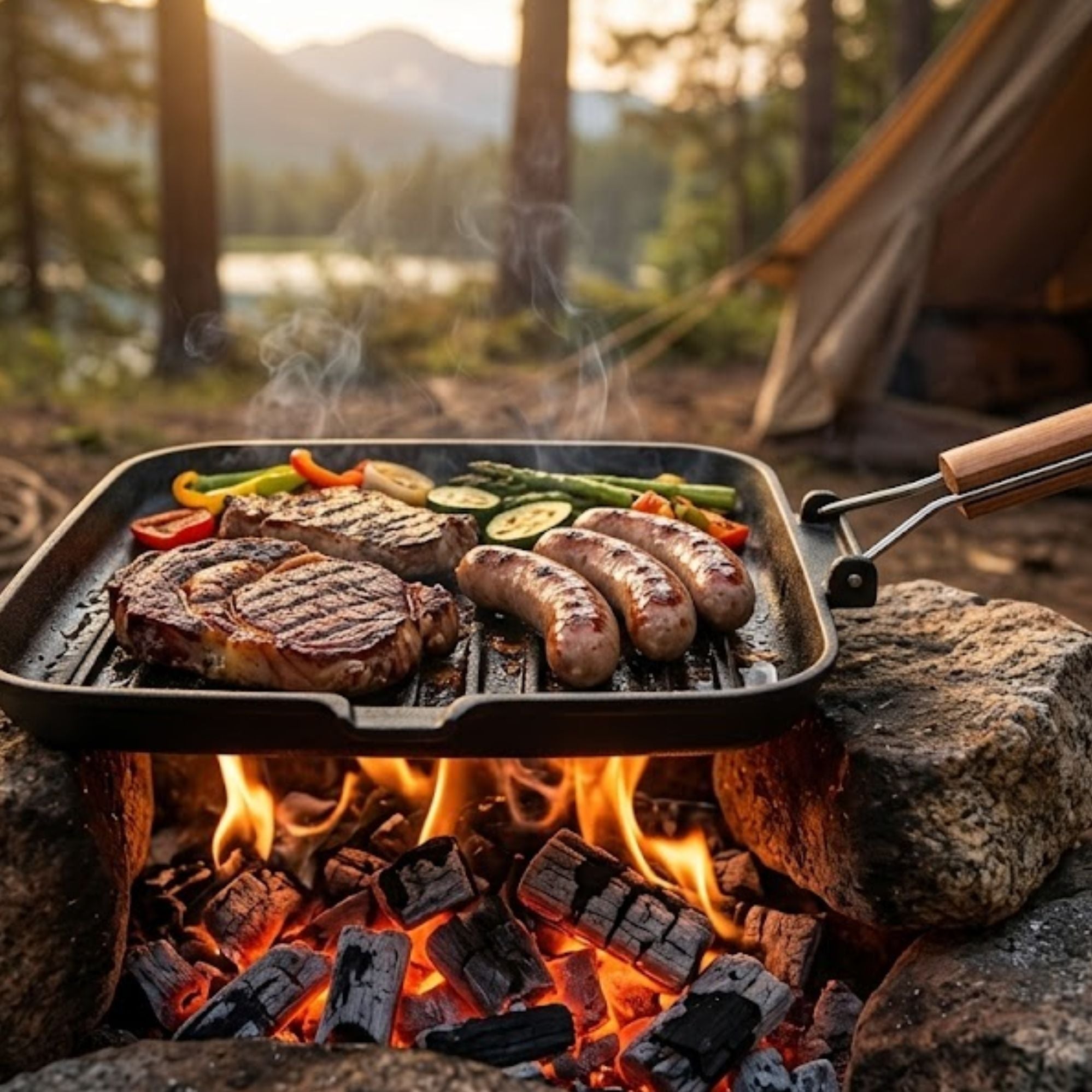 Wildtrak Cast Iron Pre-Seasoned Skillet/Grill Pan with Wooden Handle 24X24cm