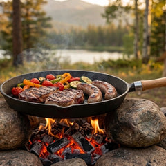 Wildtrak 29cm Round Pre-seasoned Cast Iron Skillet/Grill Pan with Wooden Handle