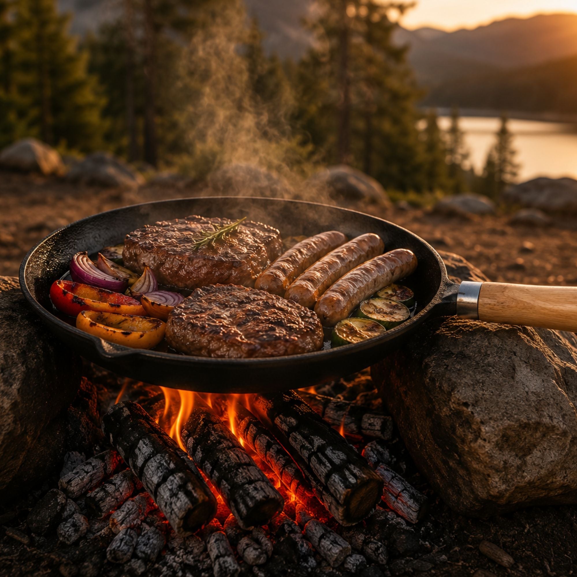 Wildtrak 29cm Round Pre-seasoned Cast Iron Skillet/Grill Pan with Wooden Handle