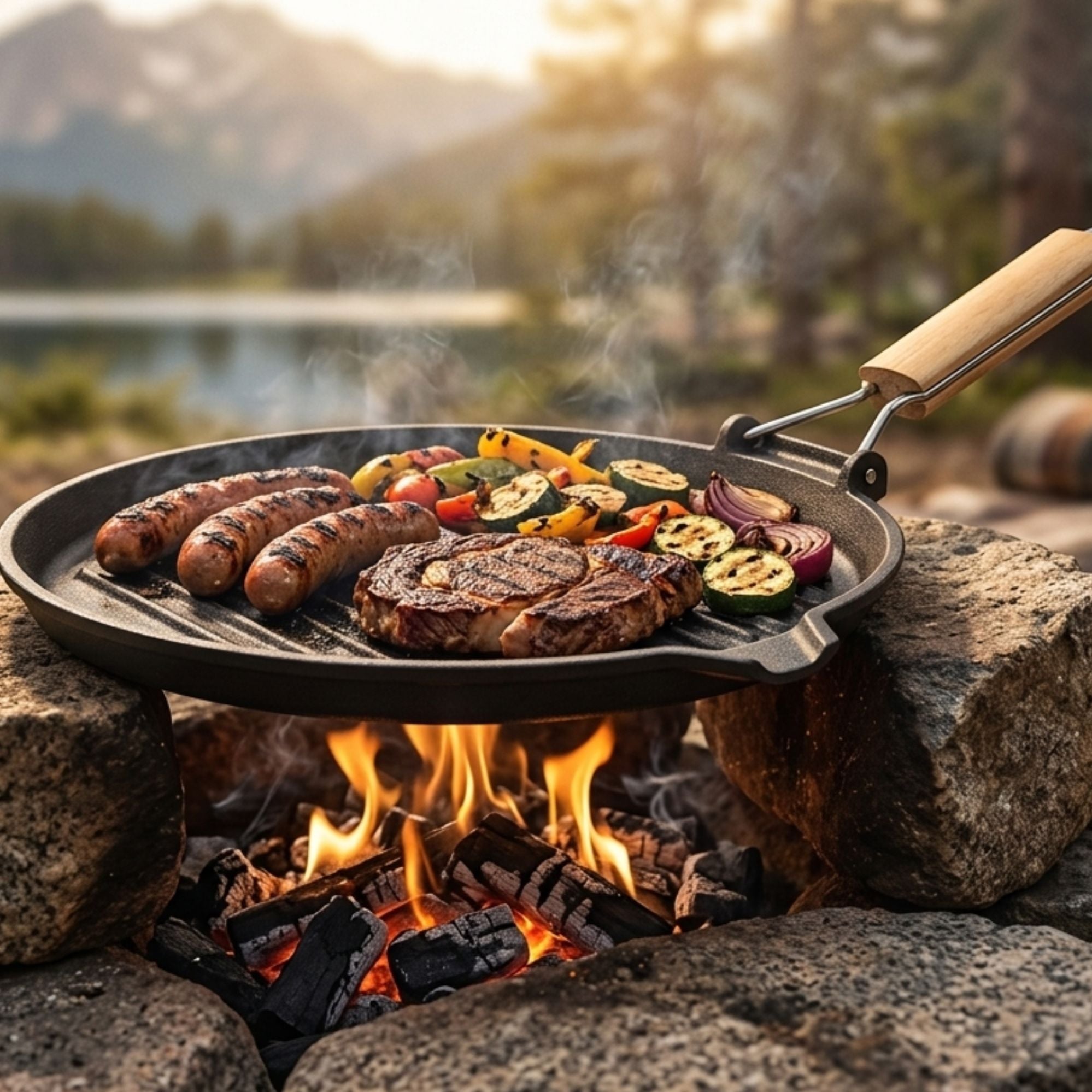 Wildtrak 24cm Round Cast Iron Pre-Seasoned Skillet/Grill Pan with Wooden Handle