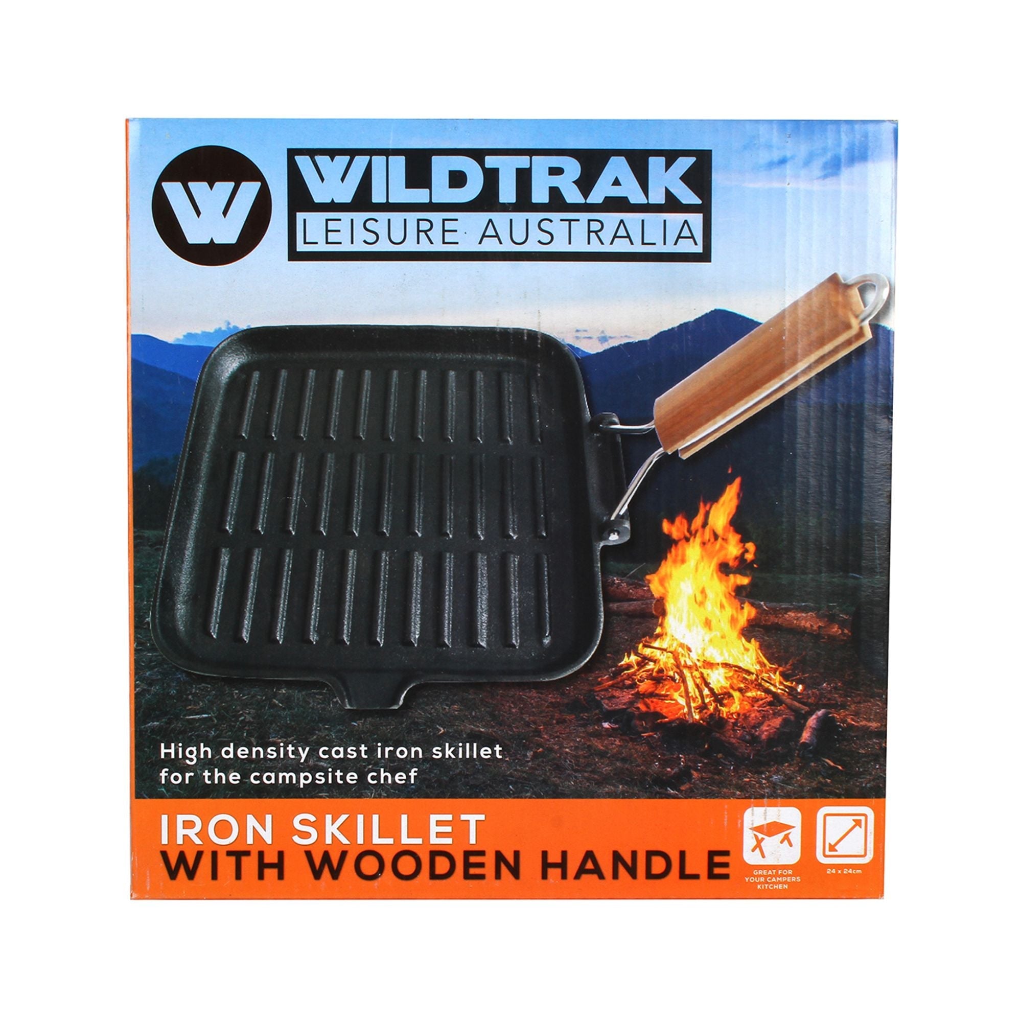 Wildtrak Cast Iron Pre-Seasoned Skillet/Grill Pan with Wooden Handle 24X24cm