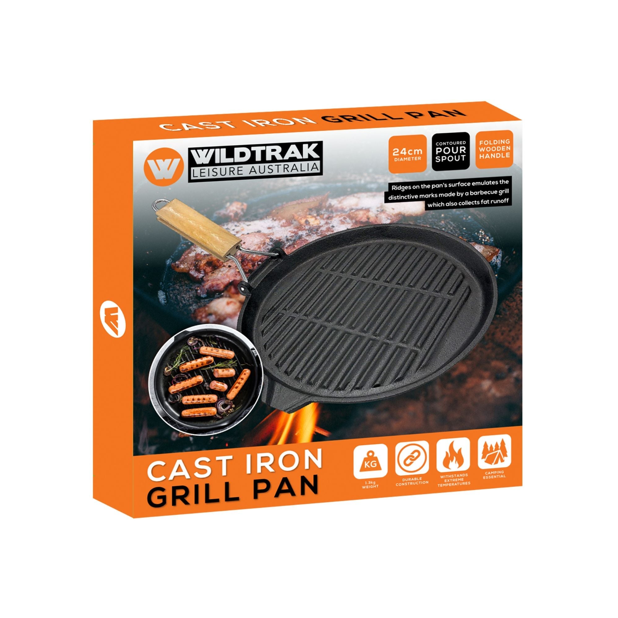 Wildtrak 24cm Round Cast Iron Pre-Seasoned Skillet/Grill Pan with Wooden Handle