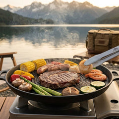 Wildtrak Pre-Seasoned Round Ribbed Cast Iron BBQ Plate with Handles 34cm