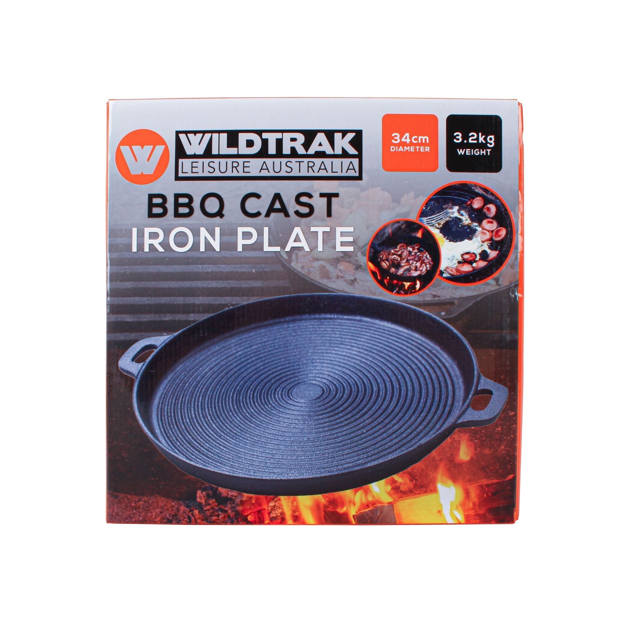 Wildtrak Pre-Seasoned Round Ribbed Cast Iron BBQ Plate with Handles 34cm