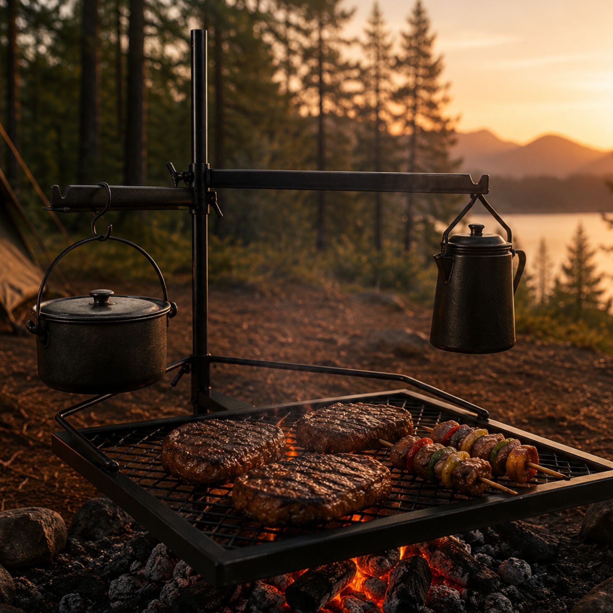 Wildtrak Heavy-duty Adjustable Frontier Cooking Grill Combo 70x60x40cm