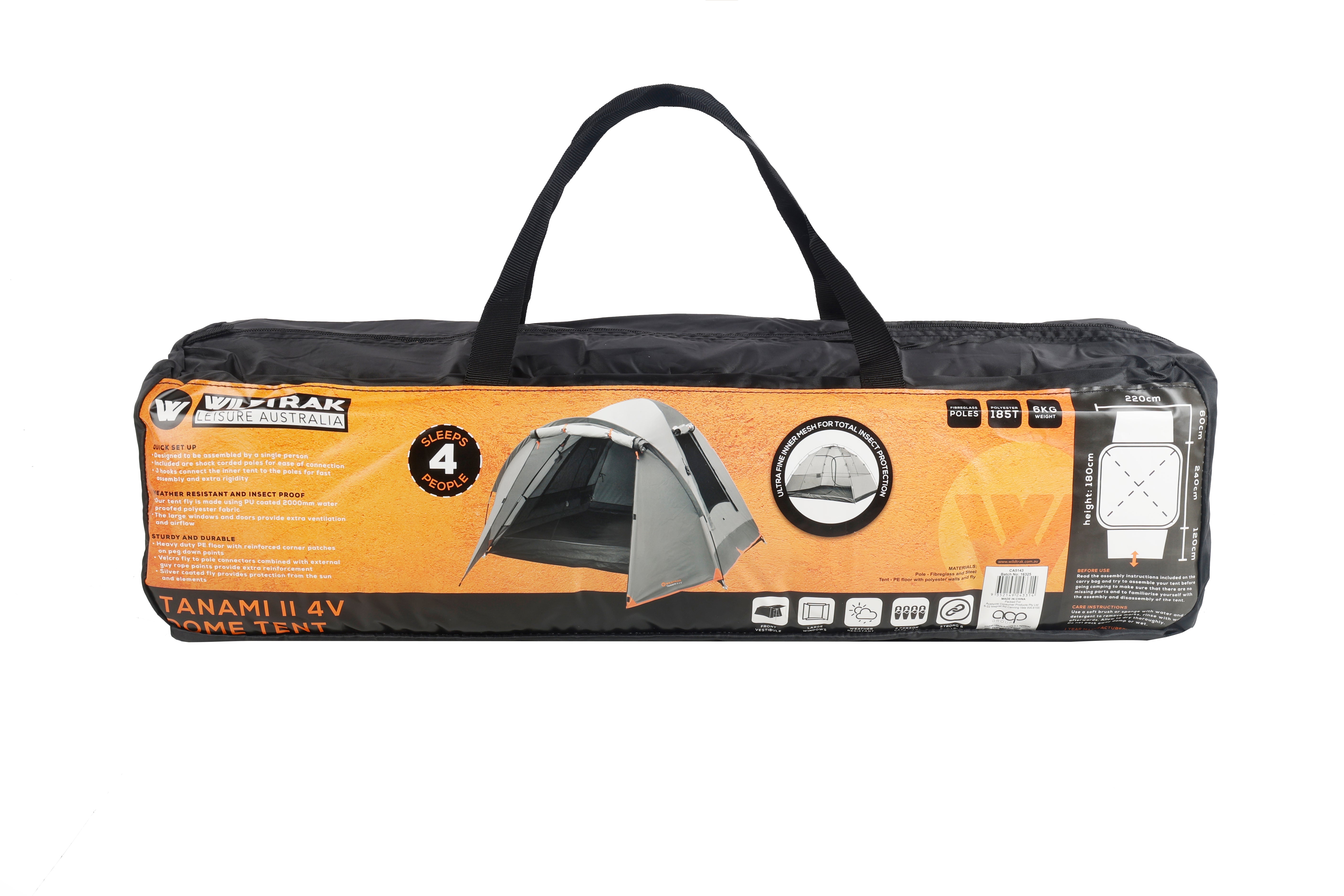 Wildtrak™ Tanami Series II 4V Dome Tent with Front Vestibule, Easy 1 Person Assemble, Heavy Duty Floor, Shock Corded Fibreglass & Steel Poles, Ultrafine Mesh, J Hook Connections, Airlite Vents, Waterproof Fly, Carry Bag with Handles