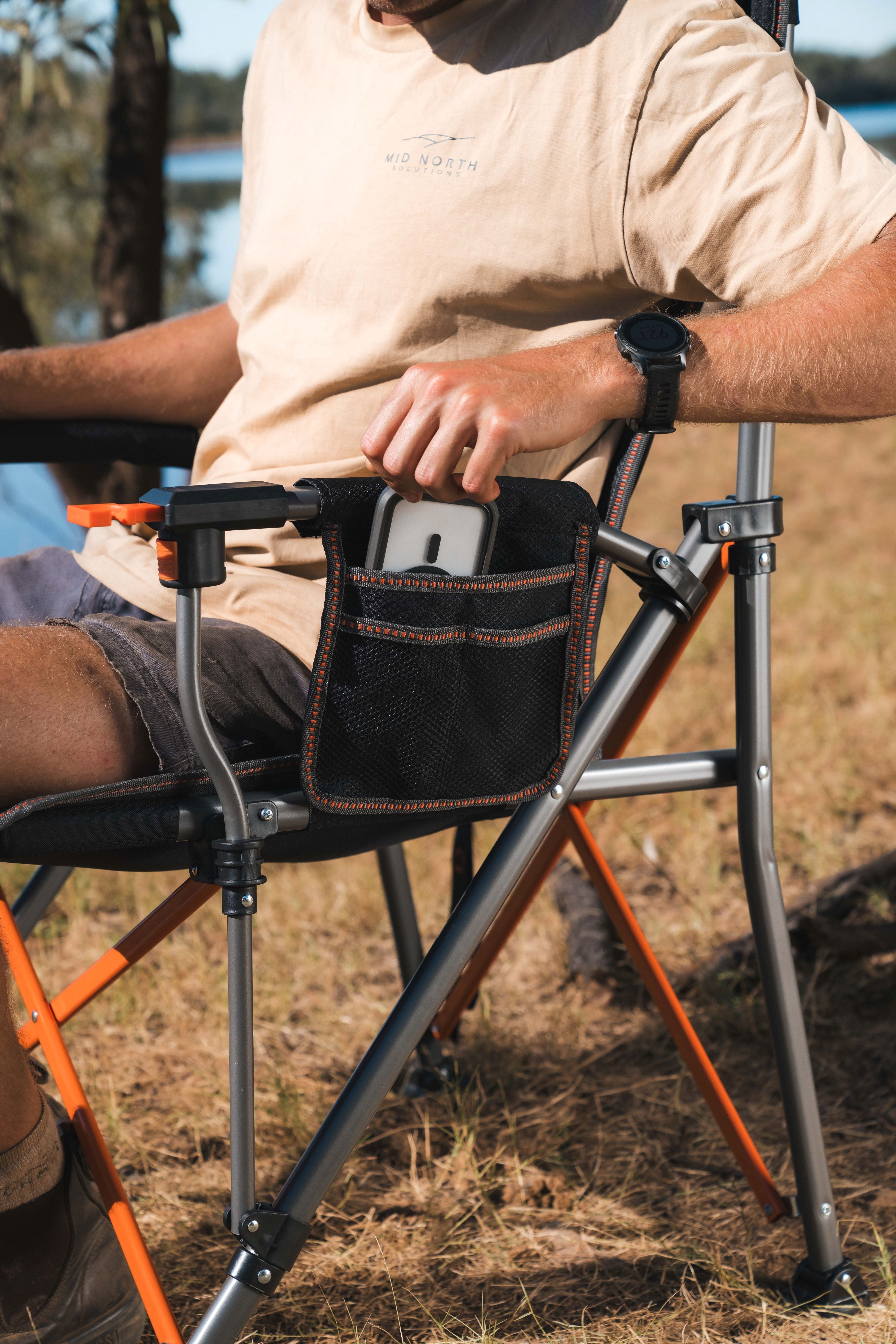 WILDTRAK™ Cheynes Deluxe Solid Arm Chair with High Back, Fully Cushioned, Wine Glass Holders, Drink Holder, Media Pocket, Self-Levelling Feet for Camping & Events, Weight Rated 200kg, Zipped Storage Pocket for Carry Bag with Shoulder Strap