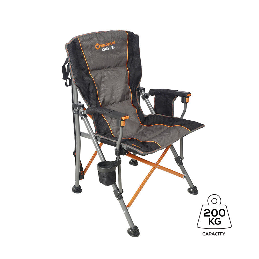 WILDTRAK™ Cheynes Deluxe Solid Arm Chair with High Back, Fully Cushioned, Wine Glass Holders, Drink Holder, Media Pocket, Self-Levelling Feet for Camping & Events, Weight Rated 200kg, Zipped Storage Pocket for Carry Bag with Shoulder Strap