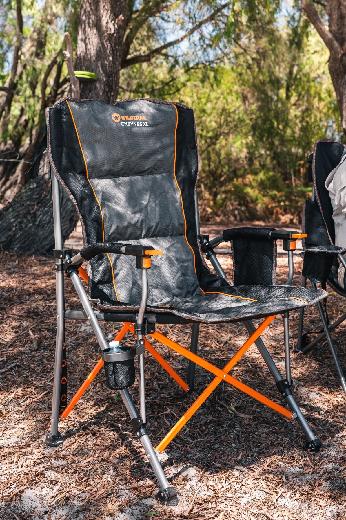 WILDTRAK™ XL Cheynes Deluxe Solid Arm Chair with High Back, Fully Cushioned, Wine Glass Holders, Drink Holder, Media Pocket, Self-Levelling Feet for Camping & Events, Zipped Storage Pocket, Carry Bag with Shoulder Strap