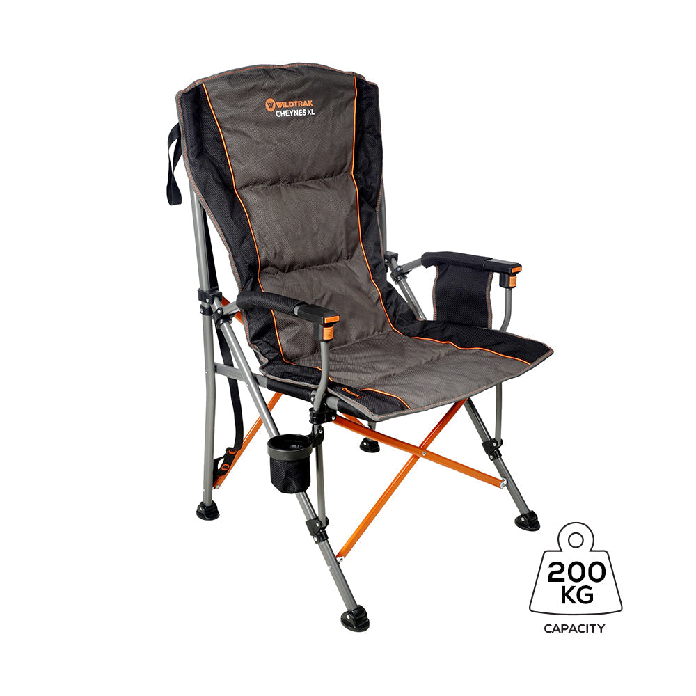 WILDTRAK™ XL Cheynes Deluxe Solid Arm Chair with High Back, Fully Cushioned, Wine Glass Holders, Drink Holder, Media Pocket, Self-Levelling Feet for Camping & Events, Zipped Storage Pocket, Carry Bag with Shoulder Strap