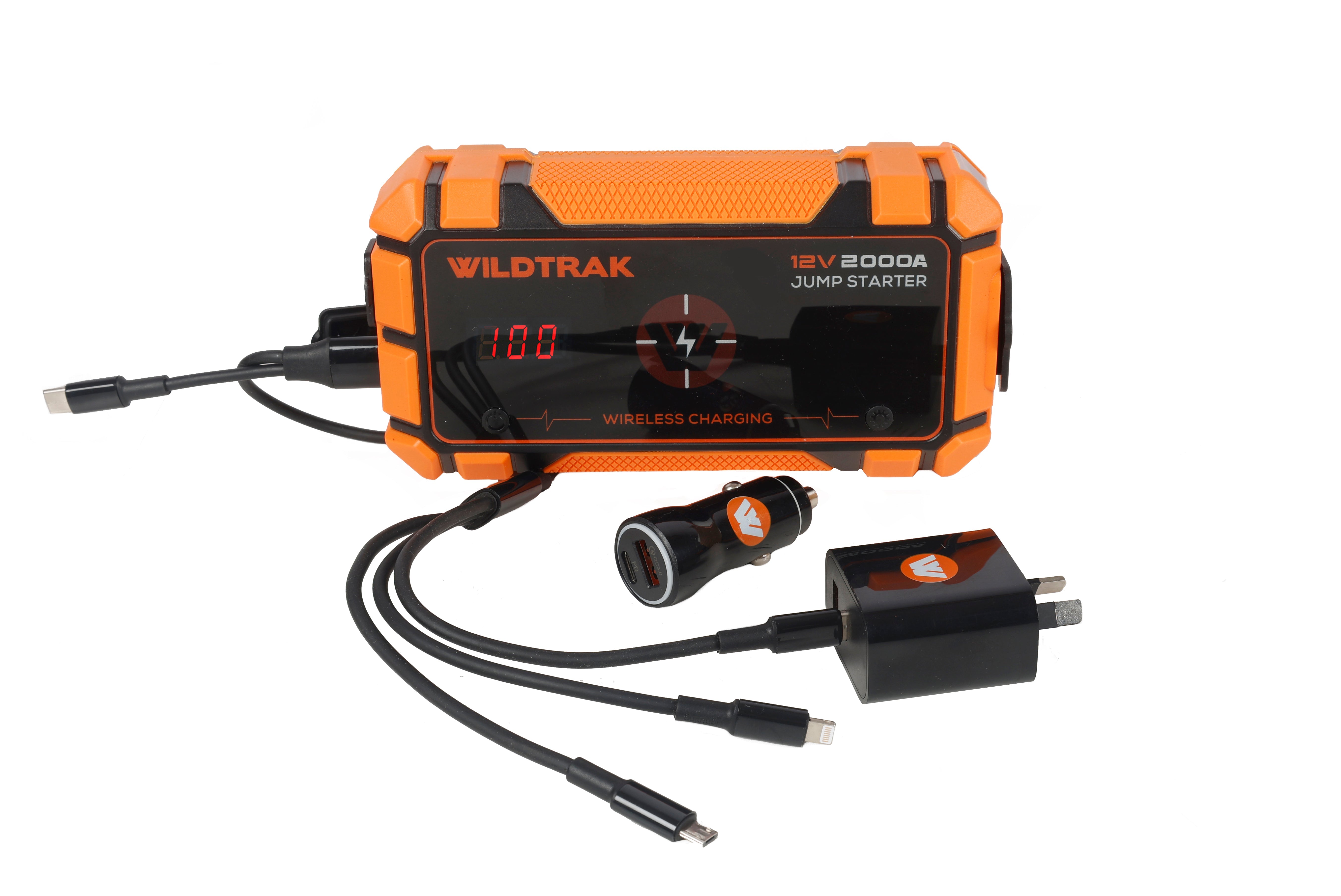 Wildtrak™ Heavy-Duty 2000A 16KMAH HP Lithium Car & 4WD Jump Starter (Petrol & Diesel) with Case, USB C Port & Wireless Charging