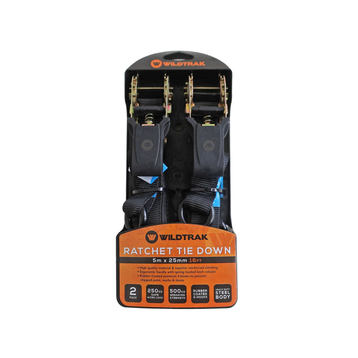 Wildtrak 2Pk Ratchet Tie Down Strap 5m x 25mm (16ft)