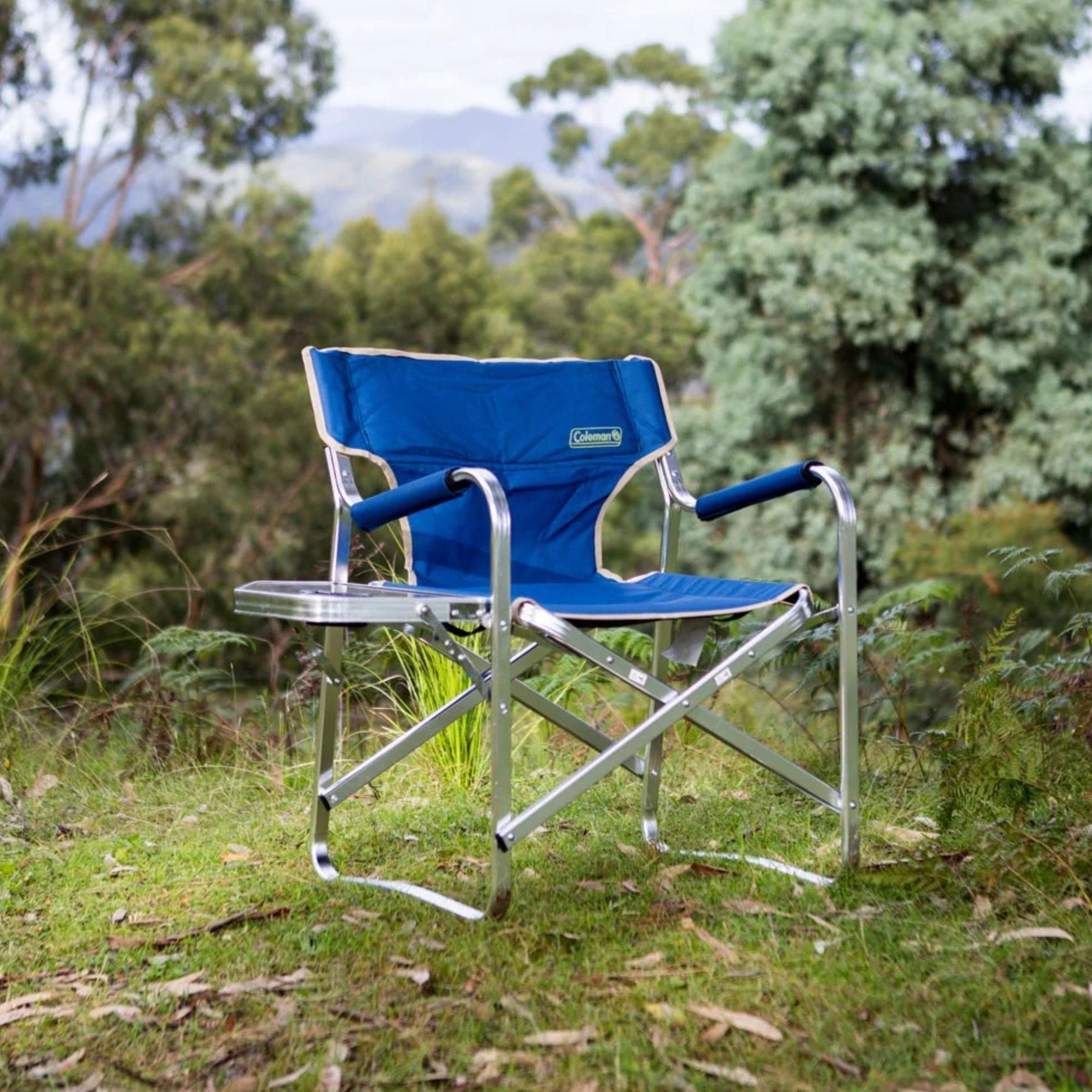 Coleman Flat Fold Directors Plus Camping Chair with Side Table - Blue
