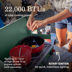 Cascade™ 222 2-Burner Camping Stove, 22000 BTUs, Portable, Easy to Clean, Improved Control, Wind Guards