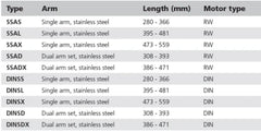 VETUS Parallel arm set, stainless steel (AISI 316), L= 386 - 471 mm, complete, with DIN taper (for VETUS type DIN wiper motors) DINSDX