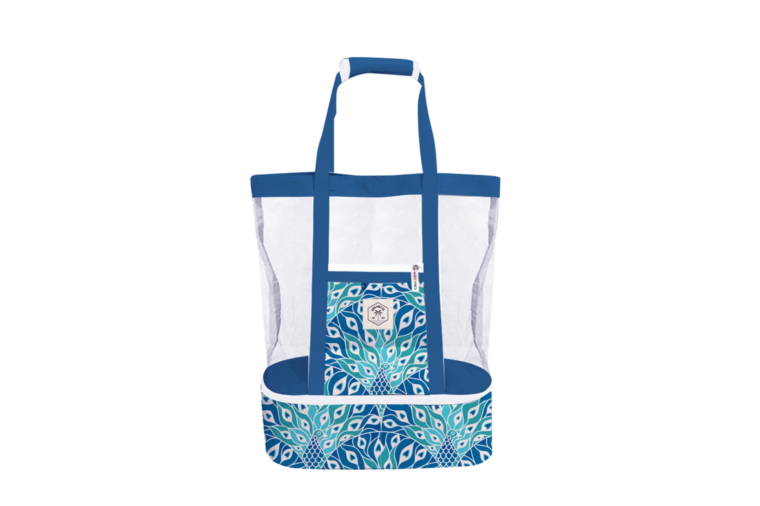 Good Vibes™ 2 in 1 Insulated Beach Cooler Bag, 2 Compartments, Mesh Top, Zipped Pocket - Peacock Paradise