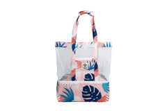 Good Vibes™ 2 in 1 Insulated Beach Cooler Bag, 2 Compartments, Mesh Top, Zipped Pocket - Blush Palm