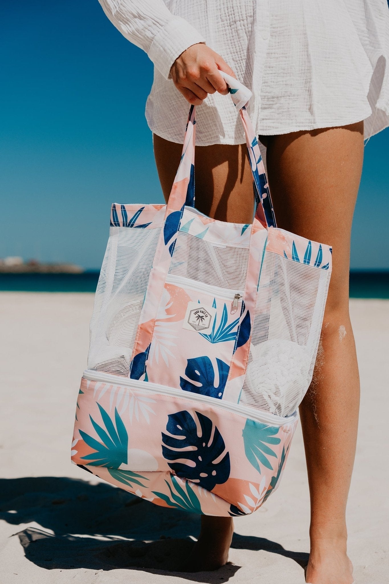 Blush Palm 2 in 1 Insulated Beach Cooler Bag, 2 Compartments, Mesh Top, Zipped Pocket