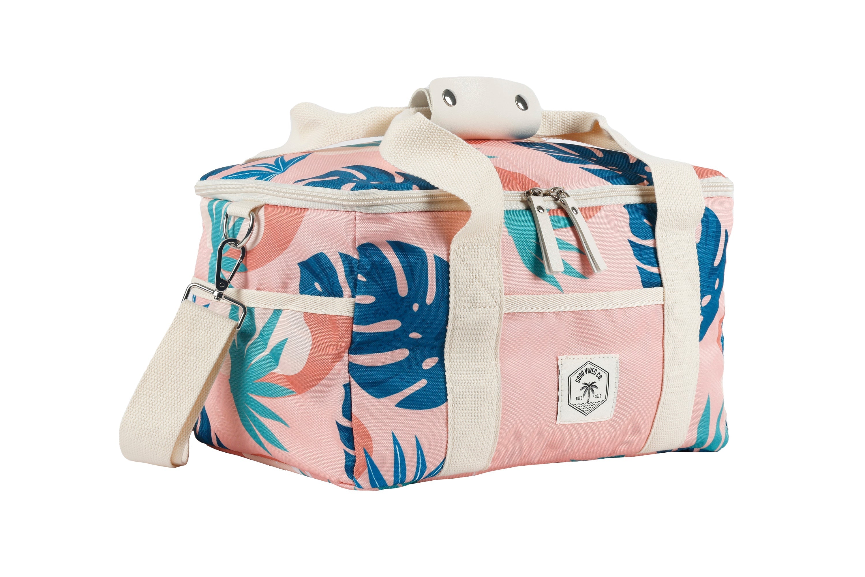 Good Vibes™ 15 Can Deluxe Cooler Bag, Insulated Lining, Removable Shoulder Strap, Storage Pocket - Blush Palm