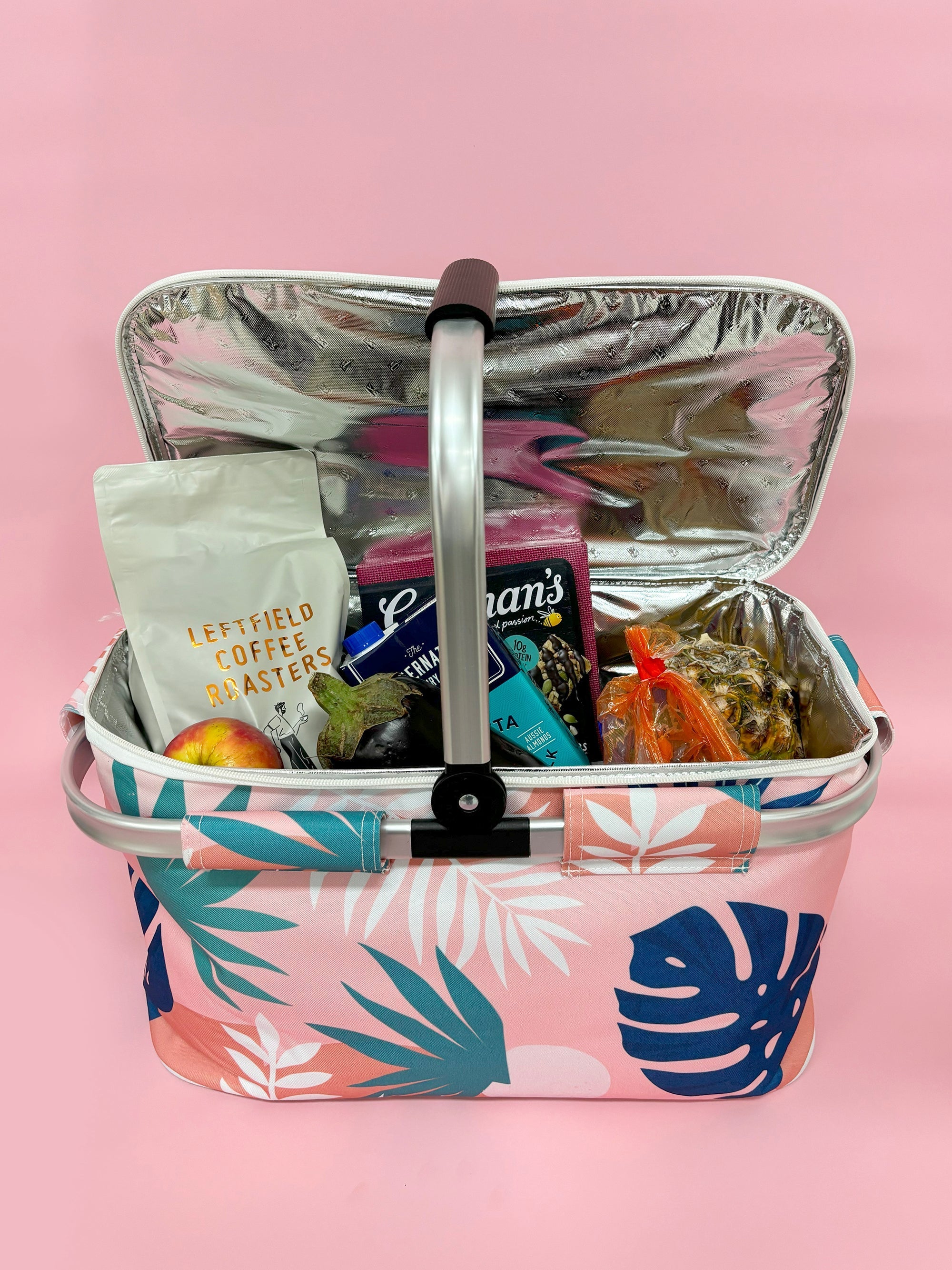 Good Vibes™ Insulated Market Cooler Bag, Aluminium Frame, Fully Zipped, Collapsible - Blush Palm