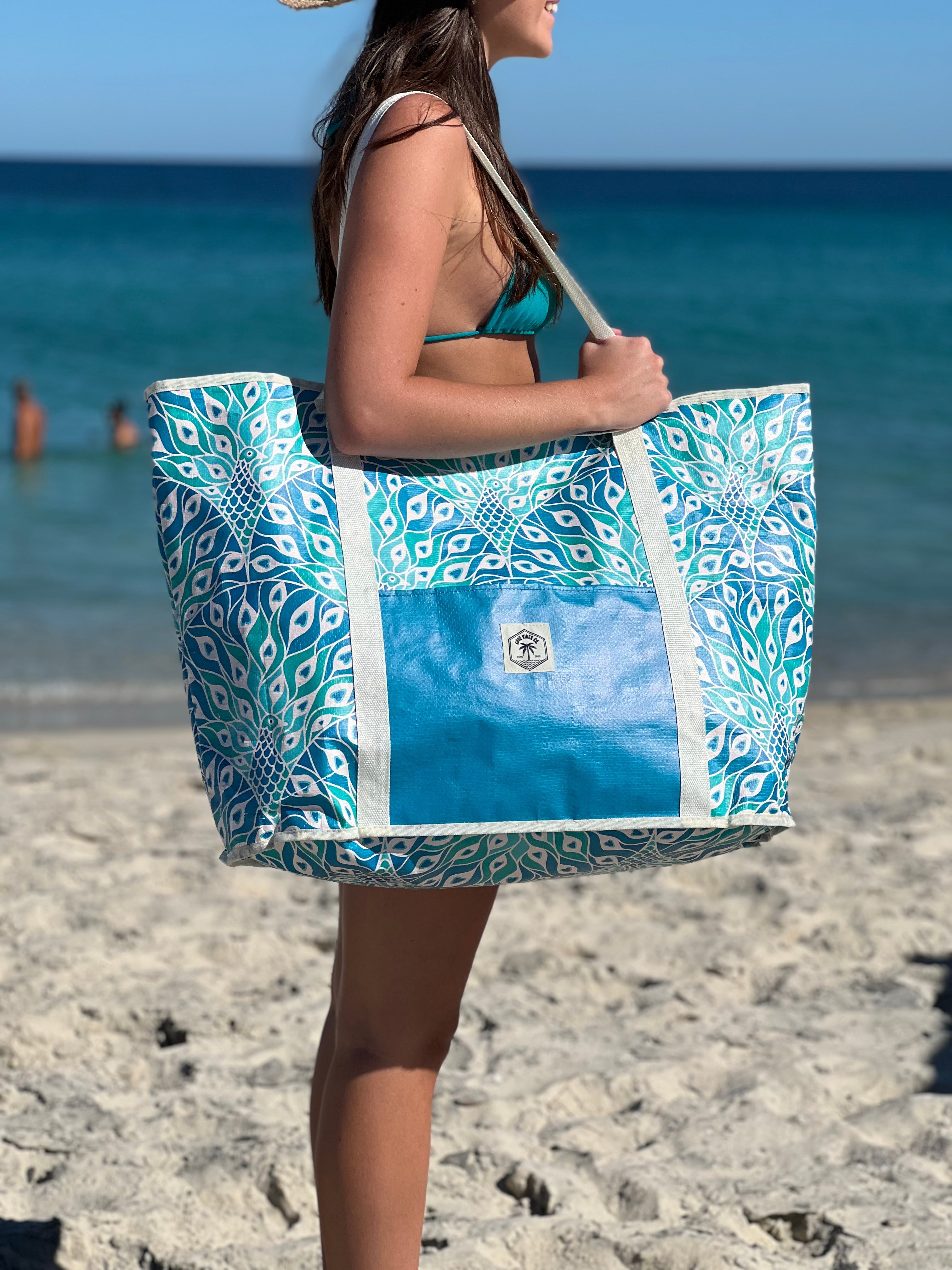 Good Vibes™ Jumbo Shopping Tote Beach Bag, Dual Handle, Waterproof & Lightweight - Peacock Paradise