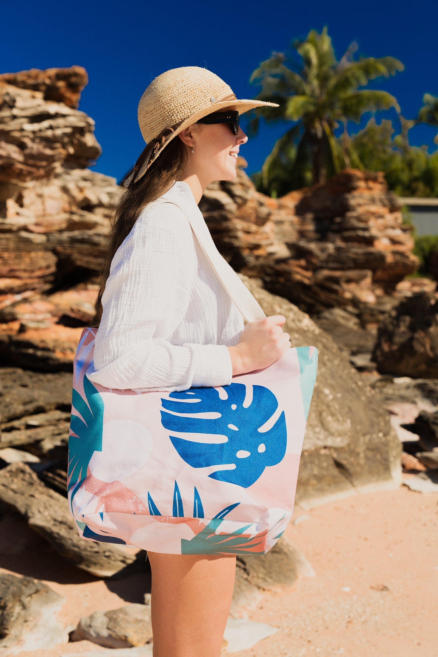 Good Vibes™ Beach Shopping Bag, Inner Pocket, Carry Handles - Blush Palm