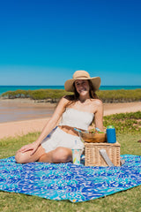 Good Vibes™ 2x2m Premium Picnic Mat Blanket, Waterproof Base, Carry Strap, Storage Pocket, 4 Ground Pegs - Peacock Paradise