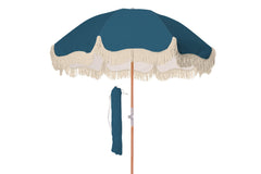 Good Vibes™ 1.75m Premium 100% Canvas Beach Umbrella, UV50+, Wood Pole, Cotton Tassels, Tilting Mechanism, Sand Screw - Peacock Paradise