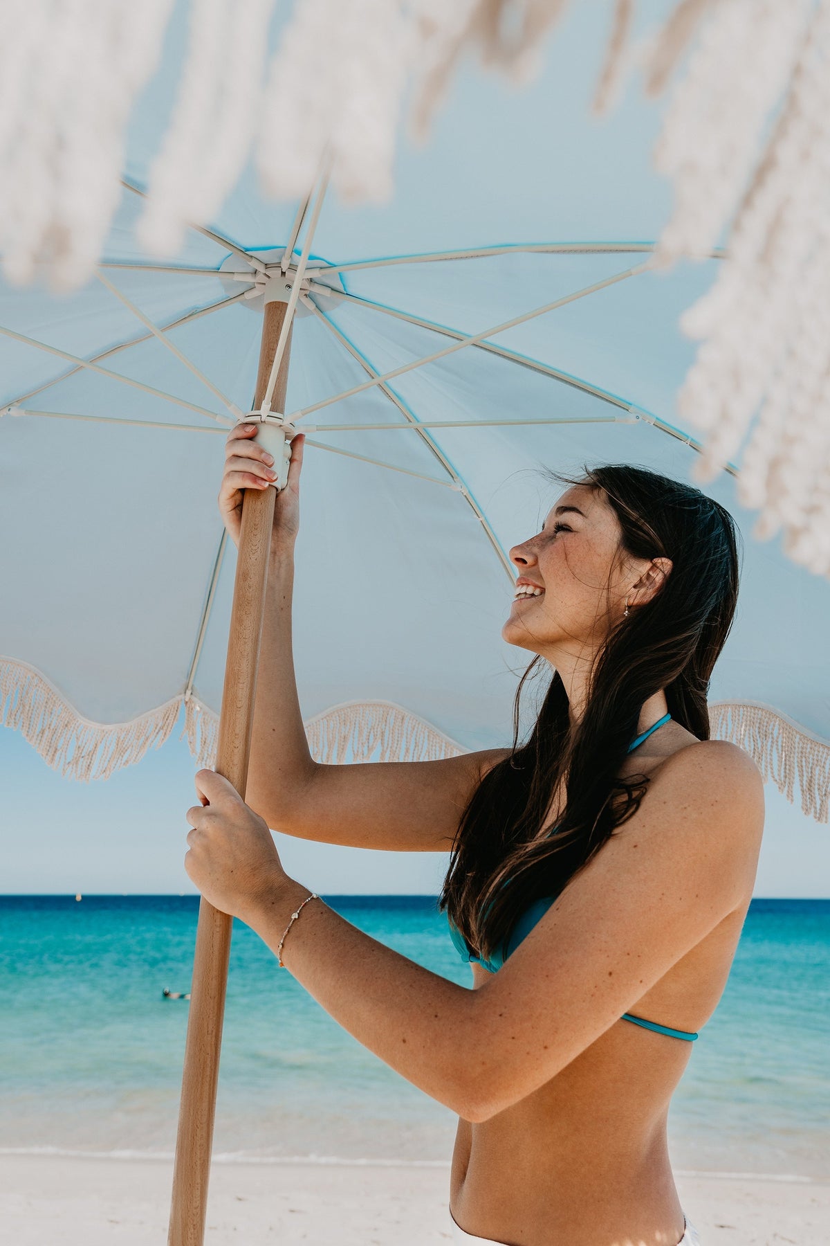 Good Vibes™ 1.75m Premium 100% Canvas Beach Umbrella, UV50+, Wood Pole, Cotton Tassels, Tilting Mechanism, Sand Screw - Peacock Paradise