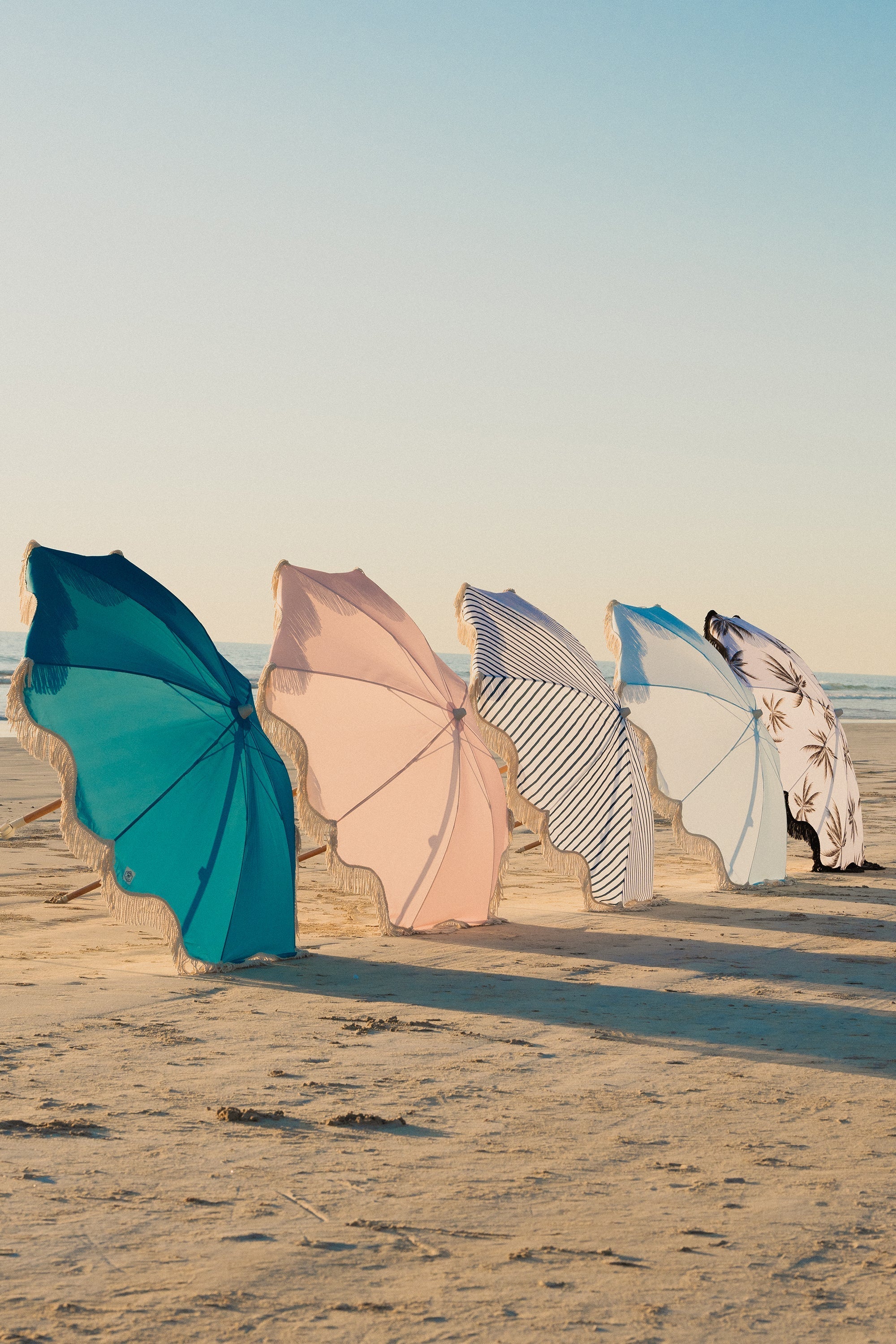 Good Vibes™ 1.75m Premium 100% Canvas Beach Umbrella, UV50+, Wood Pole, Cotton Tassels, Tilting Mechanism, Sand Screw - Peacock Paradise