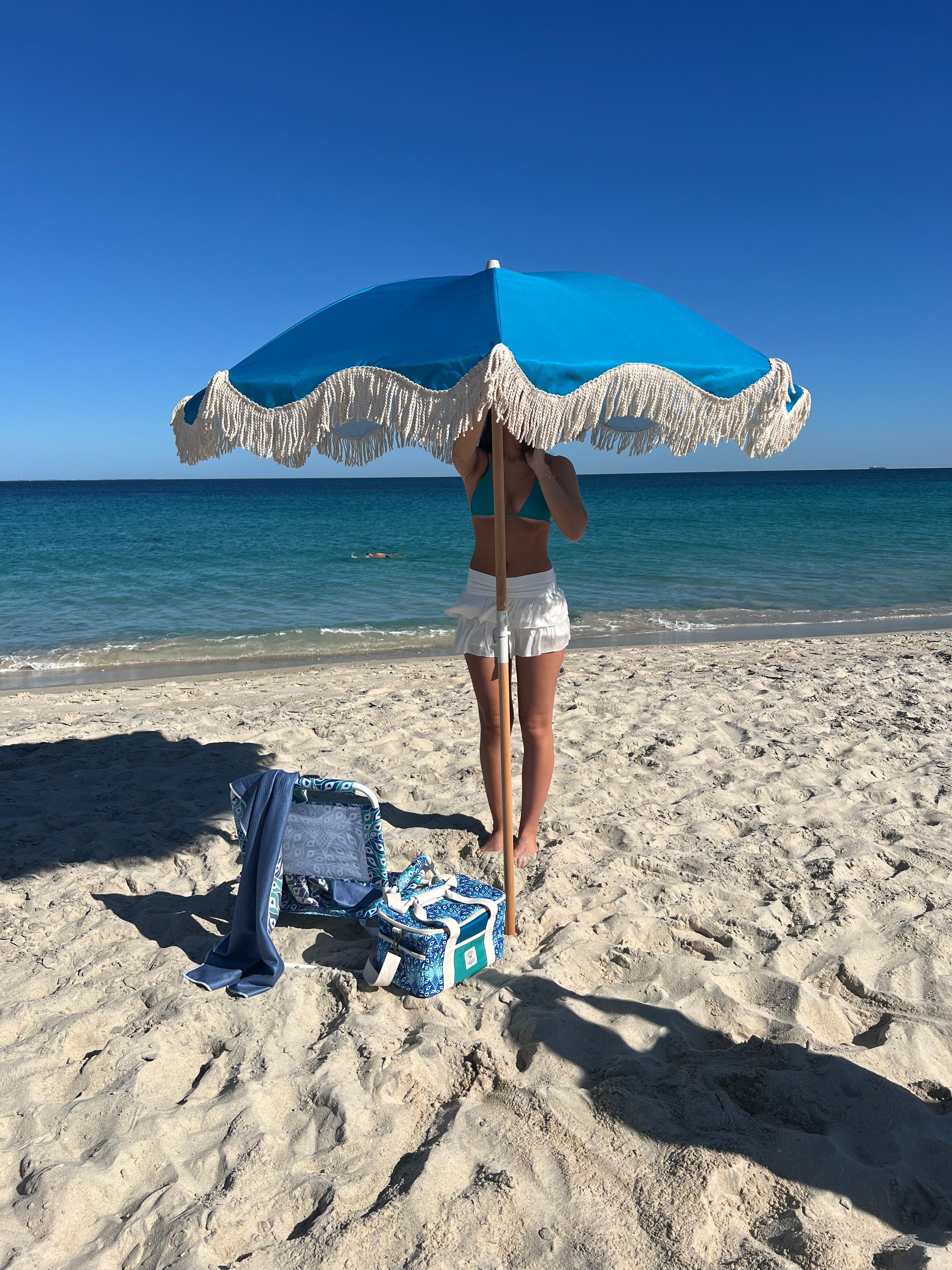 Good Vibes™ 1.75m Premium 100% Canvas Beach Umbrella, UV50+, Wood Pole, Cotton Tassels, Tilting Mechanism, Sand Screw - Peacock Paradise