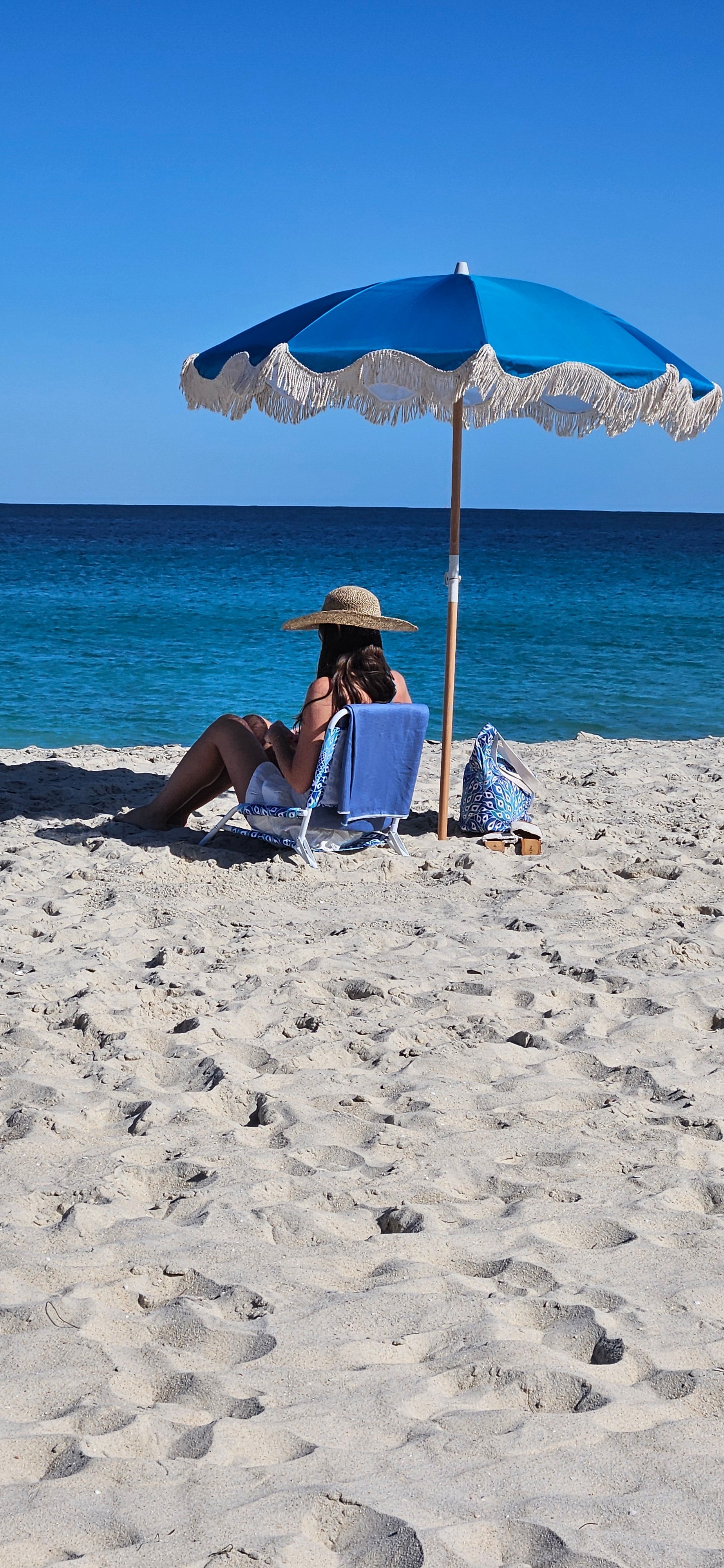 Good Vibes™ 1.75m Premium 100% Canvas Beach Umbrella, UV50+, Wood Pole, Cotton Tassels, Tilting Mechanism, Sand Screw - Peacock Paradise