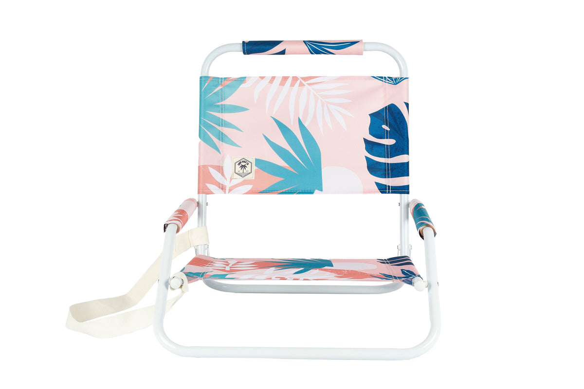 Good Vibes™ Foldable Beach Chair with Carry Strap, Lightweight & Portable, High Back, Powder Coated Frame - Blush Palm