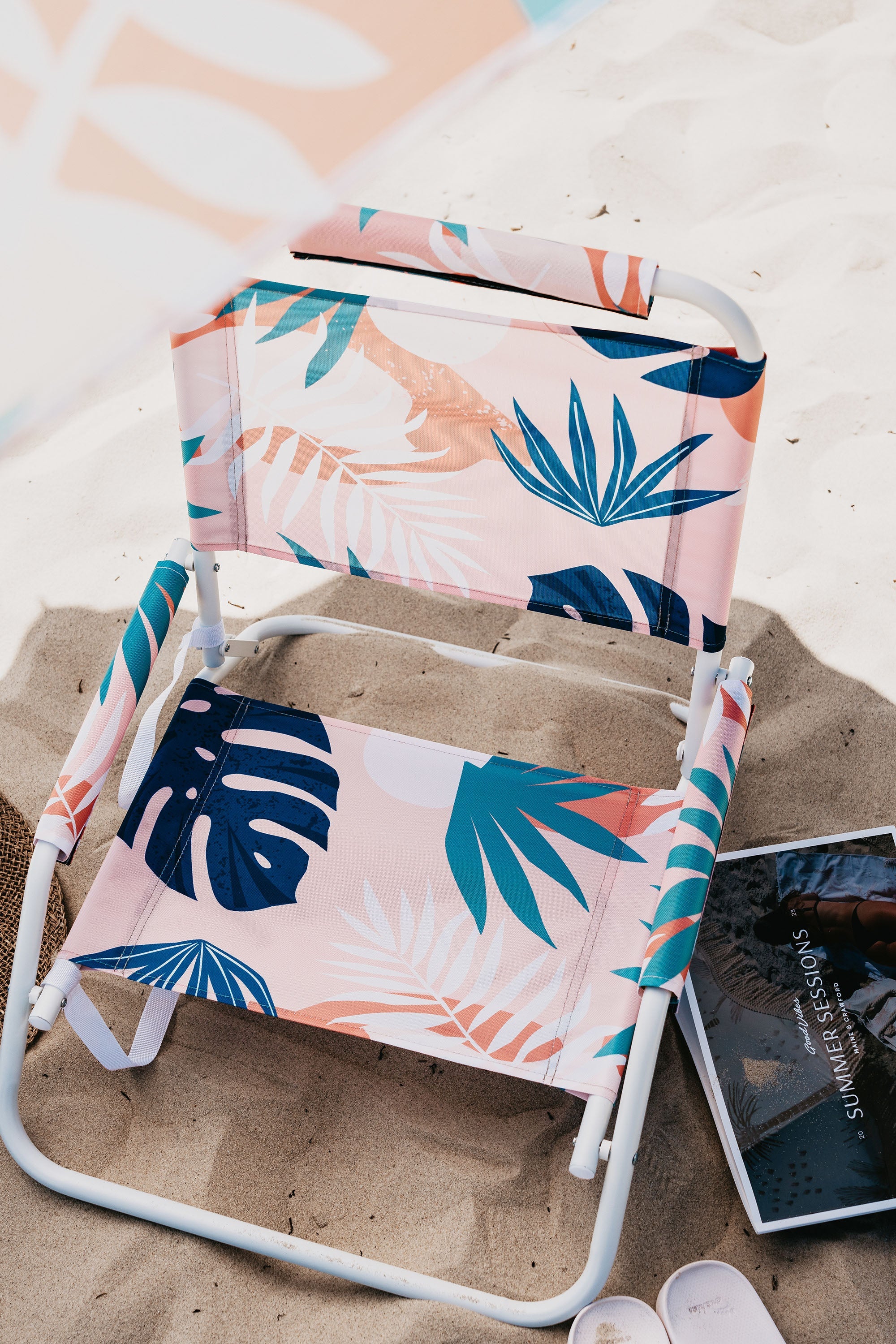 Good Vibes™ Foldable Beach Chair with Carry Strap, Lightweight & Portable, High Back, Powder Coated Frame - Blush Palm