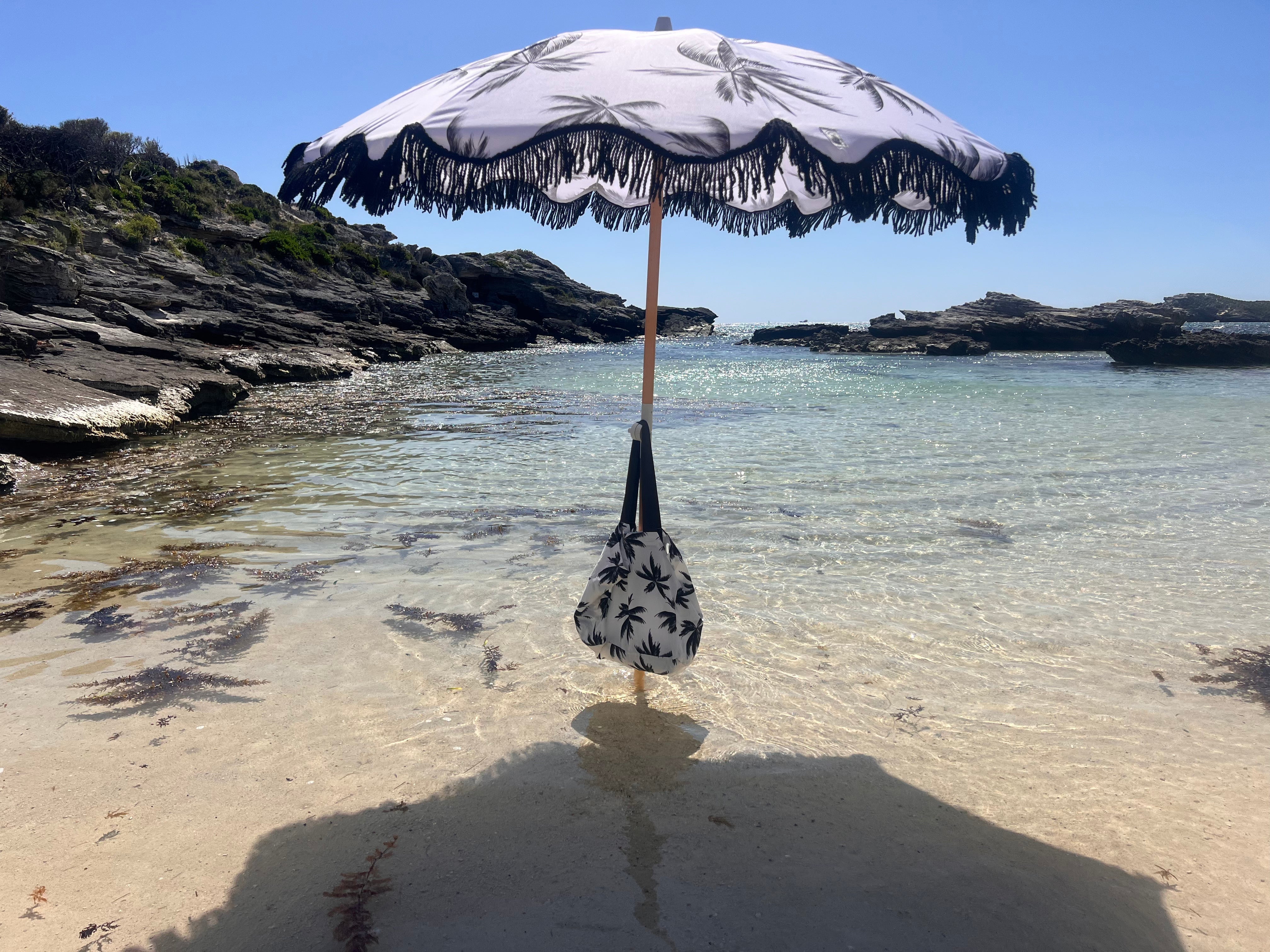 Good Vibes™ 1.75m Premium 100% Canvas Beach Umbrella, UV50+, Wood Pole, Cotton Tassels, Tilting Mechanism, Sand Screw - Havana